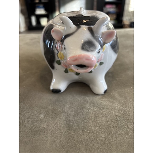 Vintage Chubby Black Spots White Cow Flower Collar Creamer 7" x 3.5" - Picture 2 of 7